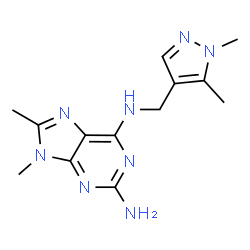 ChemSpider 2D Image | N~6~-[(1,5-Dimethyl-1H-pyrazol-4-yl)methyl]-8,9-dimethyl-9H-purine-2,6-diamine | C13H18N8