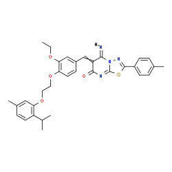 ChemSpider 2D Image | (5E)-6-{3-Ethoxy-4-[2-(2-isopropyl-5-methylphenoxy)ethoxy]benzylidene}-5-imino-2-(4-methylphenyl)-5,6-dihydro-7H-[1,3,4]thiadiazolo[3,2-a]pyrimidin-7-one | C33H34N4O4S
