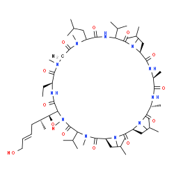 ChemSpider 2D Image | (6S,9S,12R,15S,18S,30S)-33-[(1R,2R,4E)-1,6-Dihydroxy-2-methyl-4-hexen-1-yl]-30-ethyl-6,9,18,24-tetraisobutyl-3,21-diisopropyl-1,4,7,10,12,15,19,25,28-nonamethyl-1,4,7,10,13,16,19,22,25,28,31-undecaaza
cyclotritriacontane-2,5,8,11,14,17,20,23,26,29,32-undecone | C62H111N11O13