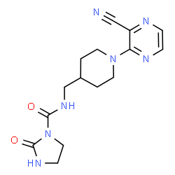 ChemSpider 2D Image | N-{[1-(3-Cyano-2-pyrazinyl)-4-piperidinyl]methyl}-2-oxo-1-imidazolidinecarboxamide | C15H19N7O2