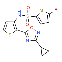 ChemSpider 2D Image | 5-Bromo-N-[2-(3-cyclopropyl-1,2,4-oxadiazol-5-yl)-3-thienyl]-2-thiophenesulfonamide | C13H10BrN3O3S3