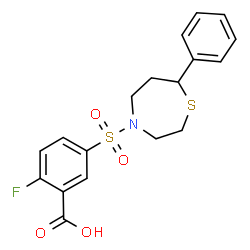 ChemSpider 2D Image | 2-Fluoro-5-[(7-phenyl-1,4-thiazepan-4-yl)sulfonyl]benzoic acid | C18H18FNO4S2