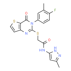 ChemSpider 2D Image | 2-{[3-(4-Fluoro-3-methylphenyl)-4-oxo-3,4-dihydrothieno[3,2-d]pyrimidin-2-yl]sulfanyl}-N-(3-methyl-1H-pyrazol-5-yl)acetamide | C19H16FN5O2S2