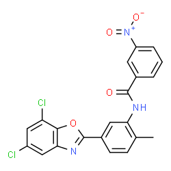 ChemSpider 2D Image | N-[5-(5,7-Dichloro-1,3-benzoxazol-2-yl)-2-methylphenyl]-3-nitrobenzamide | C21H13Cl2N3O4