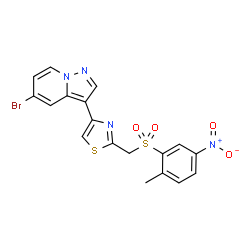 ChemSpider 2D Image | 5-Bromo-3-(2-{[(2-methyl-5-nitrophenyl)sulfonyl]methyl}-1,3-thiazol-4-yl)pyrazolo[1,5-a]pyridine | C18H13BrN4O4S2