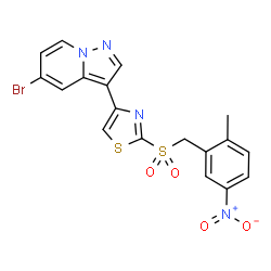 ChemSpider 2D Image | 5-Bromo-3-{2-[(2-methyl-5-nitrobenzyl)sulfonyl]-1,3-thiazol-4-yl}pyrazolo[1,5-a]pyridine | C18H13BrN4O4S2