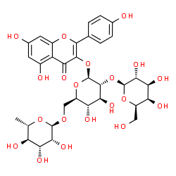 ChemSpider 2D Image | 5,7-Dihydroxy-2-(4-hydroxyphenyl)-4-oxo-4H-chromen-3-yl 6-deoxy-alpha-L-mannopyranosyl-(1->6)-[beta-D-galactopyranosyl-(1->2)]-beta-D-glucopyranoside | C33H40O20