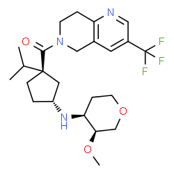 ChemSpider 2D Image | 1,5-Anhydro-2,3-dideoxy-3-{[(1R,3R)-3-isopropyl-3-{[3-(trifluoromethyl)-7,8-dihydro-1,6-naphthyridin-6(5H)-yl]carbonyl}cyclopentyl]amino}-4-O-methyl-D-erythro-pentitol | C24H34F3N3O3