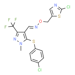ChemSpider 2D Image | (E)-1-{5-[(4-Chlorophenyl)sulfanyl]-1-methyl-3-(trifluoromethyl)-1H-pyrazol-4-yl}-N-[(2-chloro-1,3-thiazol-5-yl)methoxy]methanimine | C16H11Cl2F3N4OS2