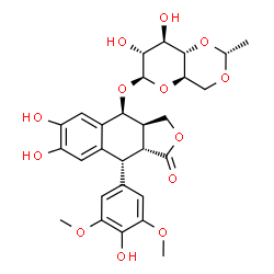 ChemSpider 2D Image | (3aR,4S,9R,9aR)-6,7-Dihydroxy-9-(4-hydroxy-3,5-dimethoxyphenyl)-1-oxo-1,3,3a,4,9,9a-hexahydronaphtho[2,3-c]furan-4-yl 4,6-O-[(1R)-ethylidene]-beta-D-glucopyranoside | C28H32O13