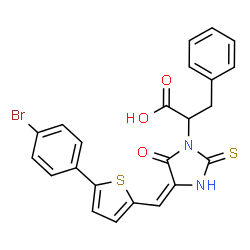 ChemSpider 2D Image | 2-[(4E)-4-{[5-(4-Bromophenyl)-2-thienyl]methylene}-5-oxo-2-thioxo-1-imidazolidinyl]-3-phenylpropanoic acid | C23H17BrN2O3S2