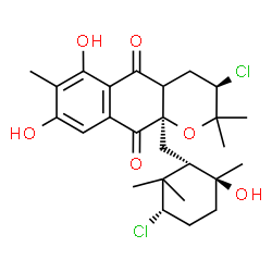 ChemSpider 2D Image | (3R,10aR)-3-Chloro-10a-{[(1S,3S,6S)-3-chloro-6-hydroxy-2,2,6-trimethylcyclohexyl]methyl}-6,8-dihydroxy-2,2,7-trimethyl-3,4,4a,10a-tetrahydro-2H-benzo[g]chromene-5,10-dione | C26H34Cl2O6