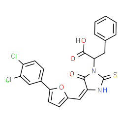 ChemSpider 2D Image | 2-[(4E)-4-{[5-(3,4-Dichlorophenyl)-2-furyl]methylene}-5-oxo-2-thioxo-1-imidazolidinyl]-3-phenylpropanoic acid | C23H16Cl2N2O4S
