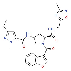 ChemSpider 2D Image | (4R)-1-(1-Benzofuran-3-ylcarbonyl)-4-{[(3-ethyl-1-methyl-1H-pyrazol-5-yl)carbonyl]amino}-N-[(3-methyl-1,2,4-oxadiazol-5-yl)methyl]-L-prolinamide | C25H27N7O5