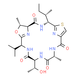 ChemSpider 2D Image | (1S,4R,11R,14S,17S,20R)-4-[(2S)-2-Butanyl]-14-[(1R)-1-hydroxyethyl]-17-isopropyl-11,20-dimethyl-19-oxa-6-thia-3,10,13,16,21,22-hexaazatricyclo[16.2.1.1~5,8~]docosa-5(22),7,18(21)-triene-2,9,12,15-tetr
one | C25H38N6O6S