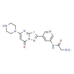 ChemSpider 2D Image | N-{5-[5-Oxo-7-(1-piperazinyl)-5H-[1,3,4]thiadiazolo[3,2-a]pyrimidin-2-yl]-3-pyridinyl}glycinamide | C16H18N8O2S