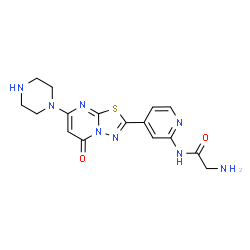 ChemSpider 2D Image | N-{4-[5-Oxo-7-(1-piperazinyl)-5H-[1,3,4]thiadiazolo[3,2-a]pyrimidin-2-yl]-2-pyridinyl}glycinamide | C16H18N8O2S