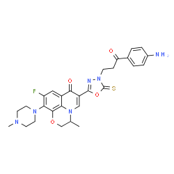 ChemSpider 2D Image | 6-{4-[3-(4-Aminophenyl)-3-oxopropyl]-5-thioxo-4,5-dihydro-1,3,4-oxadiazol-2-yl}-9-fluoro-3-methyl-10-(4-methyl-1-piperazinyl)-2,3-dihydro-7H-[1,4]oxazino[2,3,4-ij]quinolin-7-one | C28H29FN6O4S