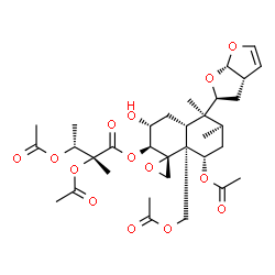 ChemSpider 2D Image | (1R,2S,3R,4aR,5S,6R,8S,8aR)-8-Acetoxy-8a-(acetoxymethyl)-3-hydroxy-5,6-dimethyl-5-[(2S,3aS,6aS)-2,3,3a,6a-tetrahydrofuro[2,3-b]furan-2-yl]octahydro-2H-spiro[naphthalene-1,2'-oxiran]-2-yl (2R,3R)-2,3-d
iacetoxy-2-methylbutanoate | C33H46O14