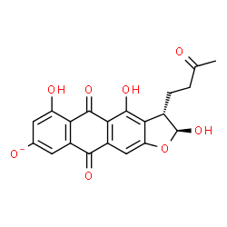 ChemSpider 2D Image | (2S,3S)-2,4,6-Trihydroxy-5,10-dioxo-3-(3-oxobutyl)-2,3,5,10-tetrahydroanthra[2,3-b]furan-8-olate | C20H15O8