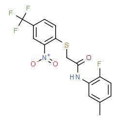 ChemSpider 2D Image | N-(2-Fluoro-5-methylphenyl)-2-{[2-nitro-4-(trifluoromethyl)phenyl]sulfanyl}acetamide | C16H12F4N2O3S