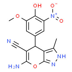 ChemSpider 2D Image | 6-amino-4-(4-hydroxy-3-methoxy-5-nitrophenyl)-3-methyl-1,4-dihydropyrano[2,3-c]pyrazole-5-carbonitrile | C15H13N5O5