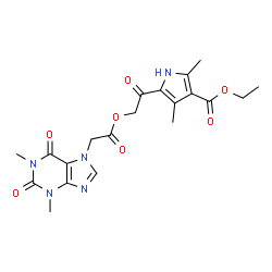 ChemSpider 2D Image | Ethyl 5-{[2-(1,3-dimethyl-2,6-dioxo-1,2,3,6-tetrahydro-7H-purin-7-yl)acetoxy]acetyl}-2,4-dimethyl-1H-pyrrole-3-carboxylate | C20H23N5O7