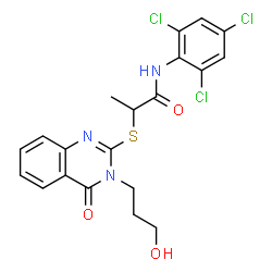 ChemSpider 2D Image | 2-{[3-(3-Hydroxypropyl)-4-oxo-3,4-dihydro-2-quinazolinyl]sulfanyl}-N-(2,4,6-trichlorophenyl)propanamide | C20H18Cl3N3O3S