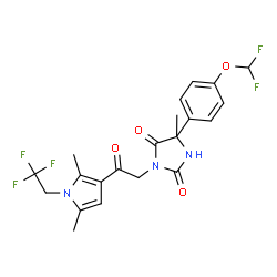 ChemSpider 2D Image | 5-[4-(Difluoromethoxy)phenyl]-3-{2-[2,5-dimethyl-1-(2,2,2-trifluoroethyl)-1H-pyrrol-3-yl]-2-oxoethyl}-5-methyl-2,4-imidazolidinedione | C21H20F5N3O4