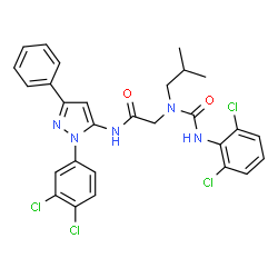 ChemSpider 2D Image | N~2~-[(2,6-Dichlorophenyl)carbamoyl]-N-[1-(3,4-dichlorophenyl)-3-phenyl-1H-pyrazol-5-yl]-N~2~-isobutylglycinamide | C28H25Cl4N5O2