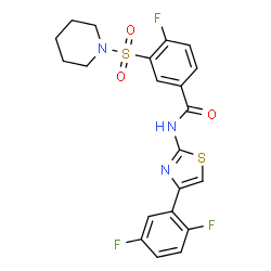 ChemSpider 2D Image | N-[4-(2,5-Difluorophenyl)-1,3-thiazol-2-yl]-4-fluoro-3-(1-piperidinylsulfonyl)benzamide | C21H18F3N3O3S2