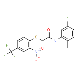 ChemSpider 2D Image | N-(5-Fluoro-2-methylphenyl)-2-{[2-nitro-4-(trifluoromethyl)phenyl]sulfanyl}acetamide | C16H12F4N2O3S