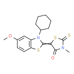 ChemSpider 2D Image | 5-(3-Cyclohexyl-5-methoxy-1,3-benzothiazol-2(3H)-ylidene)-3-methyl-2-thioxo-1,3-thiazolidin-4-one | C18H20N2O2S3