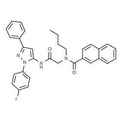 ChemSpider 2D Image | N-Butyl-N-(2-{[1-(4-fluorophenyl)-3-phenyl-1H-pyrazol-5-yl]amino}-2-oxoethyl)-2-naphthamide | C32H29FN4O2