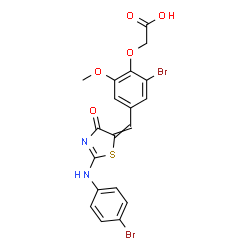 ChemSpider 2D Image | [2-Bromo-4-({2-[(4-bromophenyl)amino]-4-oxo-1,3-thiazol-5(4H)-ylidene}methyl)-6-methoxyphenoxy]acetic acid | C19H14Br2N2O5S