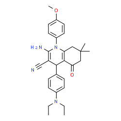 ChemSpider 2D Image | 2-Amino-4-[4-(diethylamino)phenyl]-1-(4-methoxyphenyl)-7,7-dimethyl-5-oxo-1,4,5,6,7,8-hexahydro-3-quinolinecarbonitrile | C29H34N4O2
