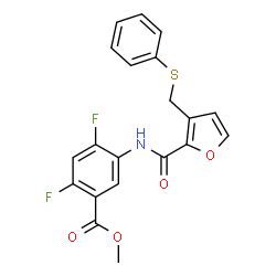 ChemSpider 2D Image | Methyl 2,4-difluoro-5-({3-[(phenylsulfanyl)methyl]-2-furoyl}amino)benzoate | C20H15F2NO4S