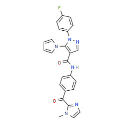 ChemSpider 2D Image | 1-(4-Fluorophenyl)-N-{4-[(1-methyl-1H-imidazol-2-yl)carbonyl]phenyl}-5-(1H-pyrrol-1-yl)-1H-pyrazole-4-carboxamide | C25H19FN6O2