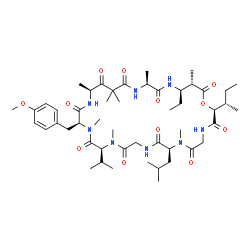 ChemSpider 2D Image | (2S,8S,14S,17S,20S,25S,28R,29S)-2-[(2S)-2-Butanyl]-28-ethyl-8-isobutyl-14-isopropyl-17-(4-methoxybenzyl)-7,13,16,20,22,22,25,29-octamethyl-1-oxa-4,7,10,13,16,19,24,27-octaazacyclotriacontane-3,6,9,12,
15,18,21,23,26,30-decone | C50H80N8O12