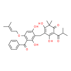 ChemSpider 2D Image | 4-{3-Benzoyl-2,6-dihydroxy-4-[(3-methyl-2-buten-1-yl)oxy]benzyl}-3,5-dihydroxy-2-isobutyryl-6,6-dimethyl-2,4-cyclohexadien-1-one | C31H34O8