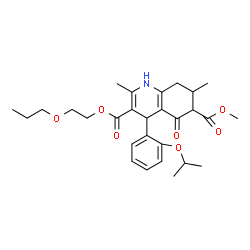 ChemSpider 2D Image | 6-Methyl 3-(2-propoxyethyl) 4-(2-isopropoxyphenyl)-2,7-dimethyl-5-oxo-1,4,5,6,7,8-hexahydro-3,6-quinolinedicarboxylate | C28H37NO7