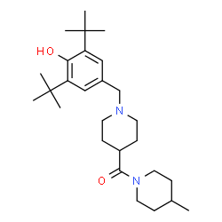 ChemSpider 2D Image | {1-[4-Hydroxy-3,5-bis(2-methyl-2-propanyl)benzyl]-4-piperidinyl}(4-methyl-1-piperidinyl)methanone | C27H44N2O2