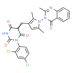 ChemSpider 2D Image | 1-(2,4-Dichlorophenyl)-5-{[2,5-dimethyl-1-(2-methyl-4-oxo-3(4H)-quinazolinyl)-1H-pyrrol-3-yl]methylene}-2,4,6(1H,3H,5H)-pyrimidinetrione | C26H19Cl2N5O4