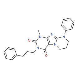 ChemSpider 2D Image | 1-Methyl-9-phenyl-3-(3-phenylpropyl)-6,7,8,9-tetrahydropyrimido[2,1-f]purine-2,4(1H,3H)-dione | C24H25N5O2