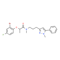 ChemSpider 2D Image | 2-(2-Bromo-4-fluorophenoxy)-N-methyl-N-[3-(1-methyl-5-phenyl-1H-pyrazol-3-yl)propyl]propanamide | C23H25BrFN3O2