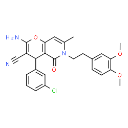 ChemSpider 2D Image | 2-Amino-4-(3-chlorophenyl)-6-[2-(3,4-dimethoxyphenyl)ethyl]-7-methyl-5-oxo-5,6-dihydro-4H-pyrano[3,2-c]pyridine-3-carbonitrile | C26H24ClN3O4