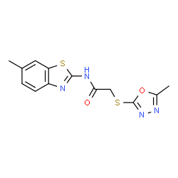 ChemSpider 2D Image | N-(6-Methyl-1,3-benzothiazol-2-yl)-2-[(5-methyl-1,3,4-oxadiazol-2-yl)sulfanyl]acetamide | C13H12N4O2S2