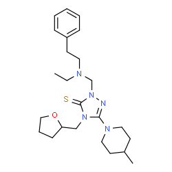 ChemSpider 2D Image | 2-{[Ethyl(2-phenylethyl)amino]methyl}-5-(4-methyl-1-piperidinyl)-4-(tetrahydro-2-furanylmethyl)-2,4-dihydro-3H-1,2,4-triazole-3-thione | C24H37N5OS