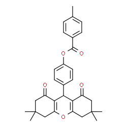 ChemSpider 2D Image | 4-(3,3,6,6-Tetramethyl-1,8-dioxo-2,3,4,5,6,7,8,9-octahydro-1H-xanthen-9-yl)phenyl 4-methylbenzoate | C31H32O5