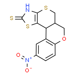 ChemSpider 2D Image | 10-Nitro-3,5a,6,11b-tetrahydro-2H,5H-chromeno[4',3':4,5]thiopyrano[2,3-d][1,3]thiazole-2-thione | C13H10N2O3S3